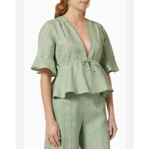NEW Matthew Bruch Size S Small V Neck Flutter Sleeve Top Sage Green Linen